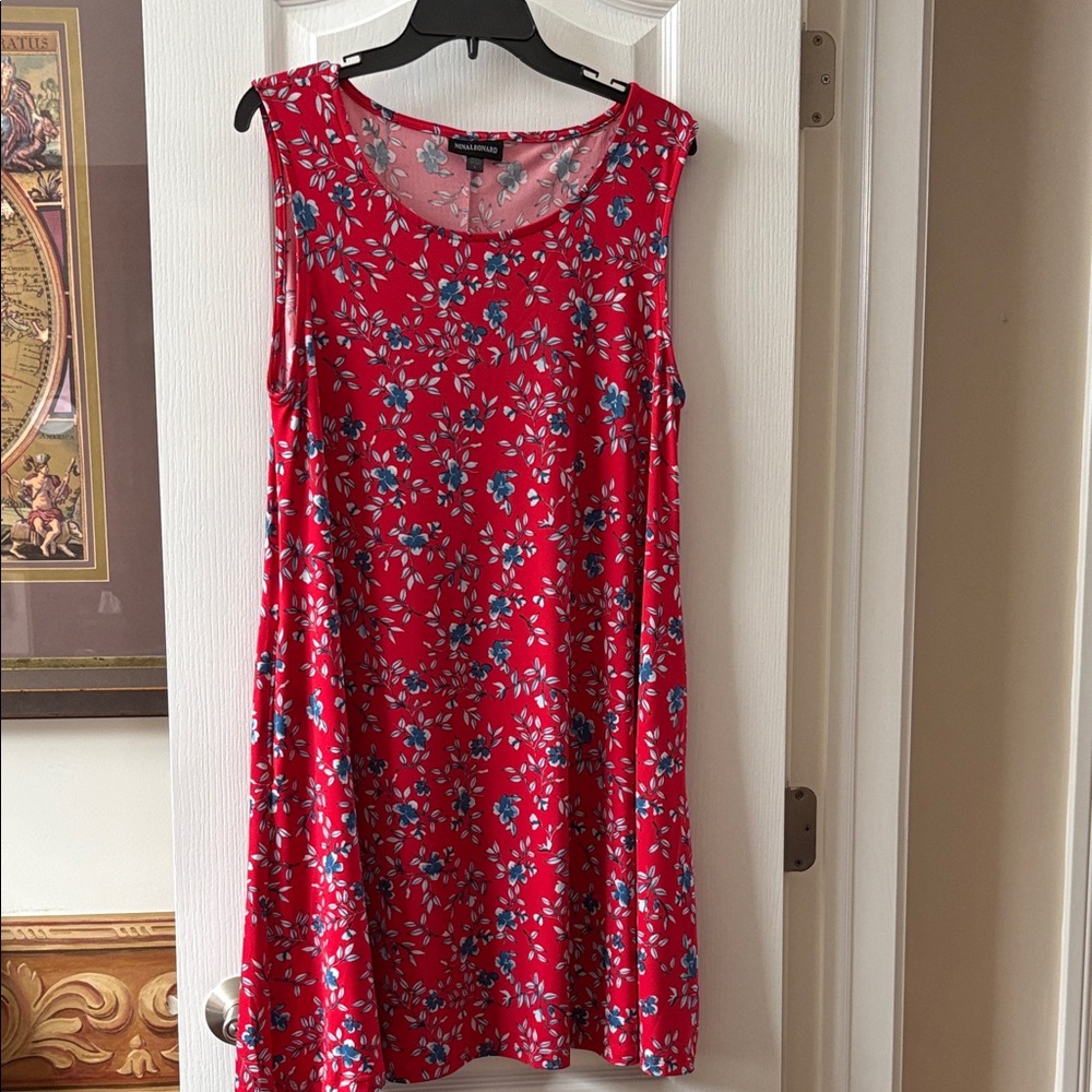 Nina Leonard Red and Blue Floral Sleeveless Dress